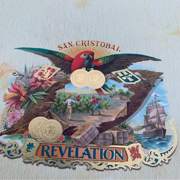 San Cristobal Cigar Box w/Beautiful Graphics 7”x8”x3” Aqua/Cream/Parrot - Picture 2 of 7